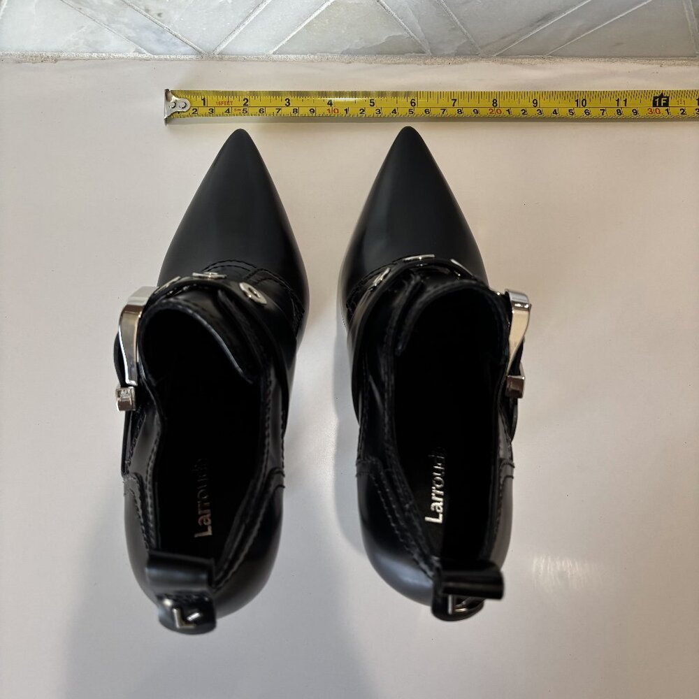 Larroude Sz 9 Black Shiny Boot Silver Buckle Stiletto Heel Heeled Stewart Bootie - Picture 9 of 11